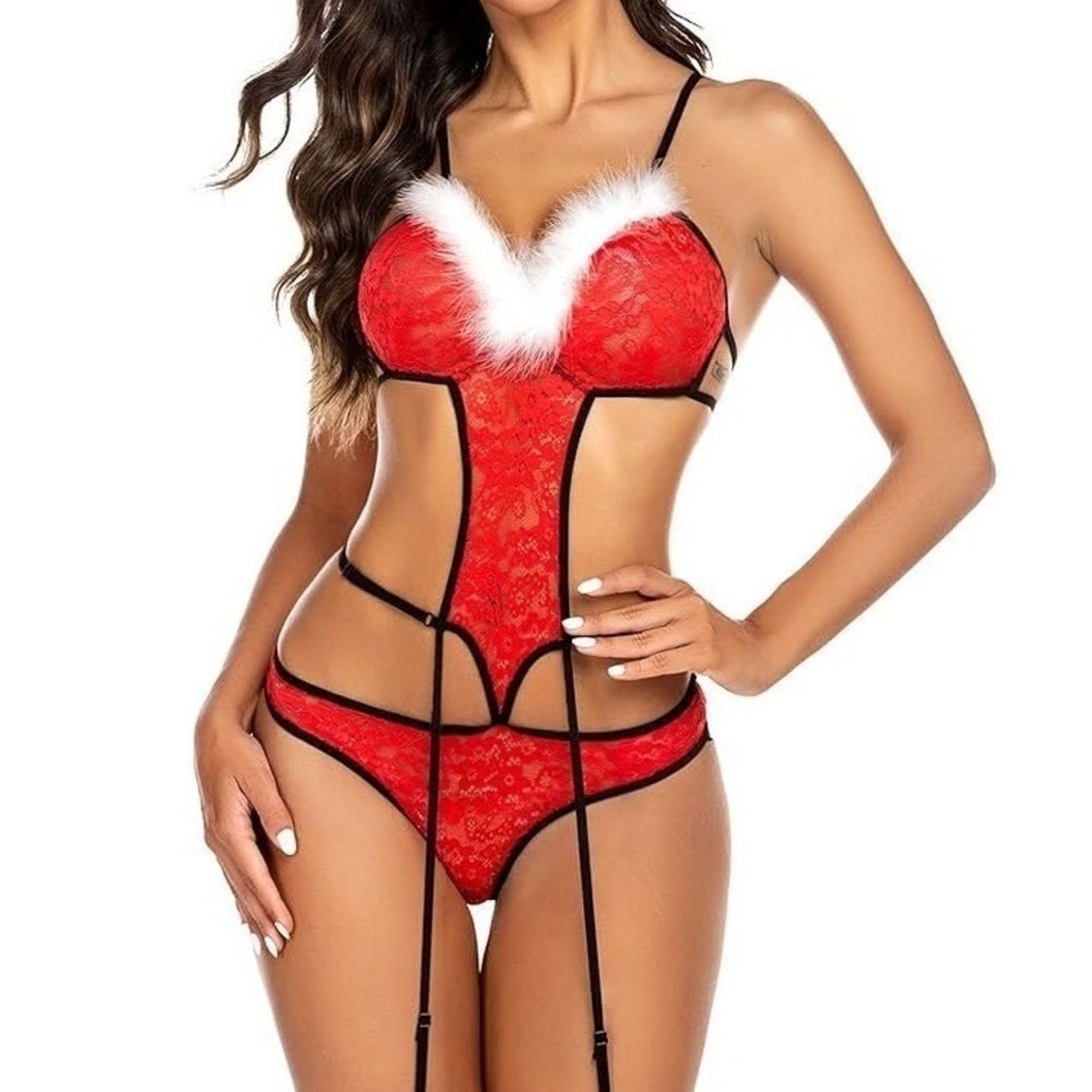 Avidlove Red Christmas Lingerie Lace Teddy Bodysuit Faux Fur Trim Womens Large‎